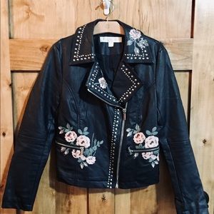 Boston Proper Vegan Leather Jacket w/ Rose Details